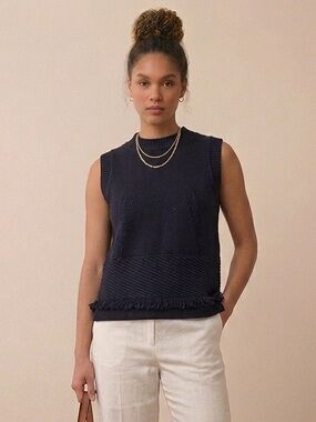 Ann Taylor Navy Black Knit Sleeveless Sweater Vest Fringe Hem Diagonal Texture M